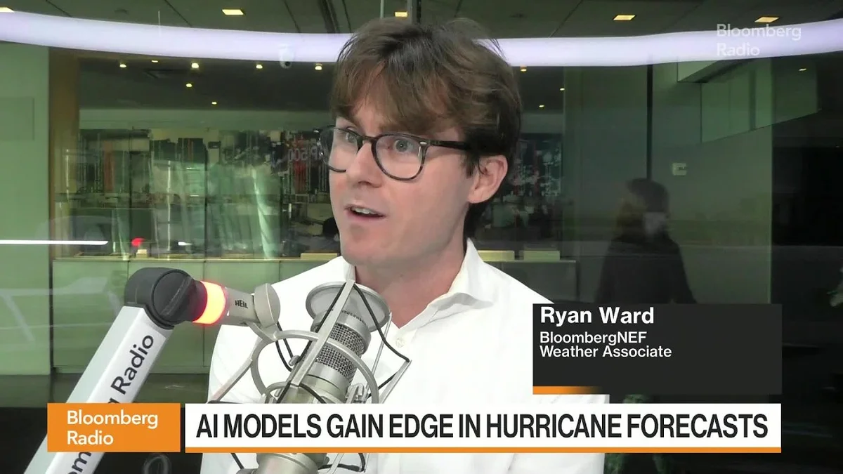 Split screen showing two men discussing AI and weather, with a hurricane map graphic.