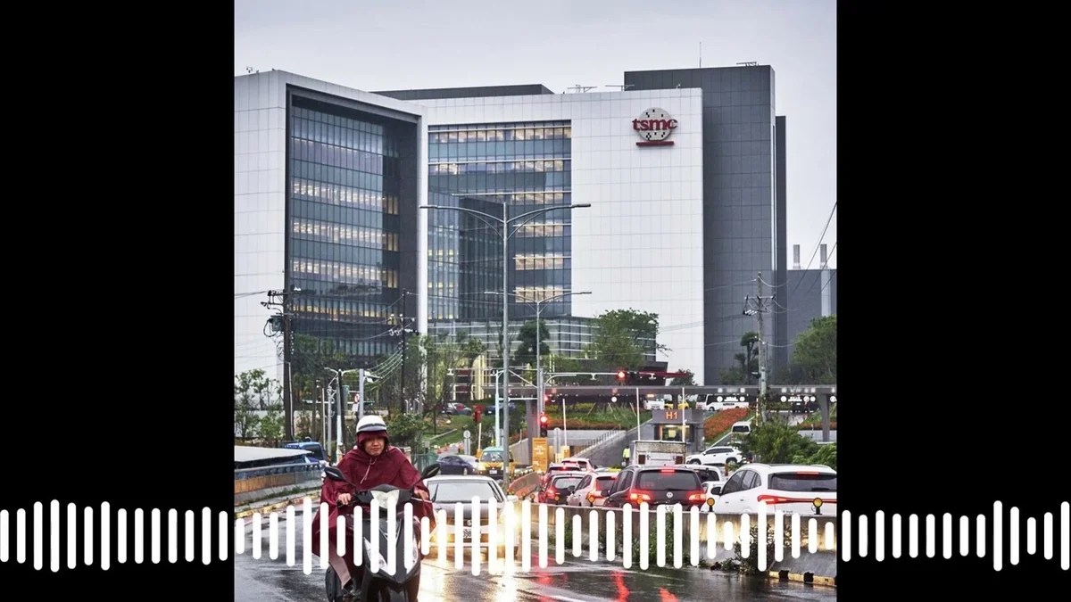 Modern office buildings with the TSMC logo visible, representing a major semiconductor company.