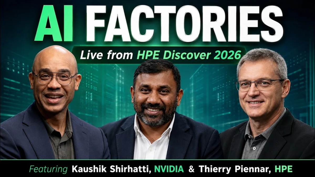 Three men sitting at a table discussing AI, with an HPE and NVIDIA backdrop.