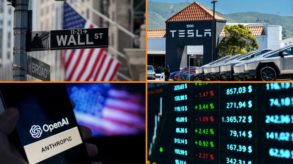 Bloomberg Money Minute graphic with Wall Street sign and Tesla Cybertrucks, symbolizing market and tech news