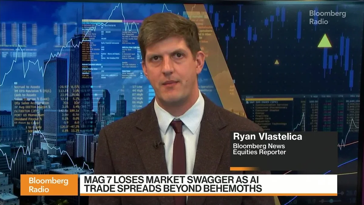 Two men in suits on a split-screen video call discussing the stock market.