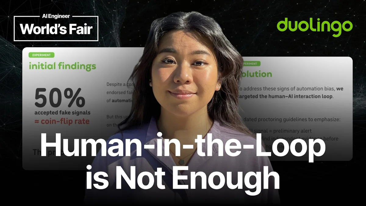 Slide from Duolingo presentation with title 'the human in your loop isn't thinking' and speaker name Angel Ortmann Lee.