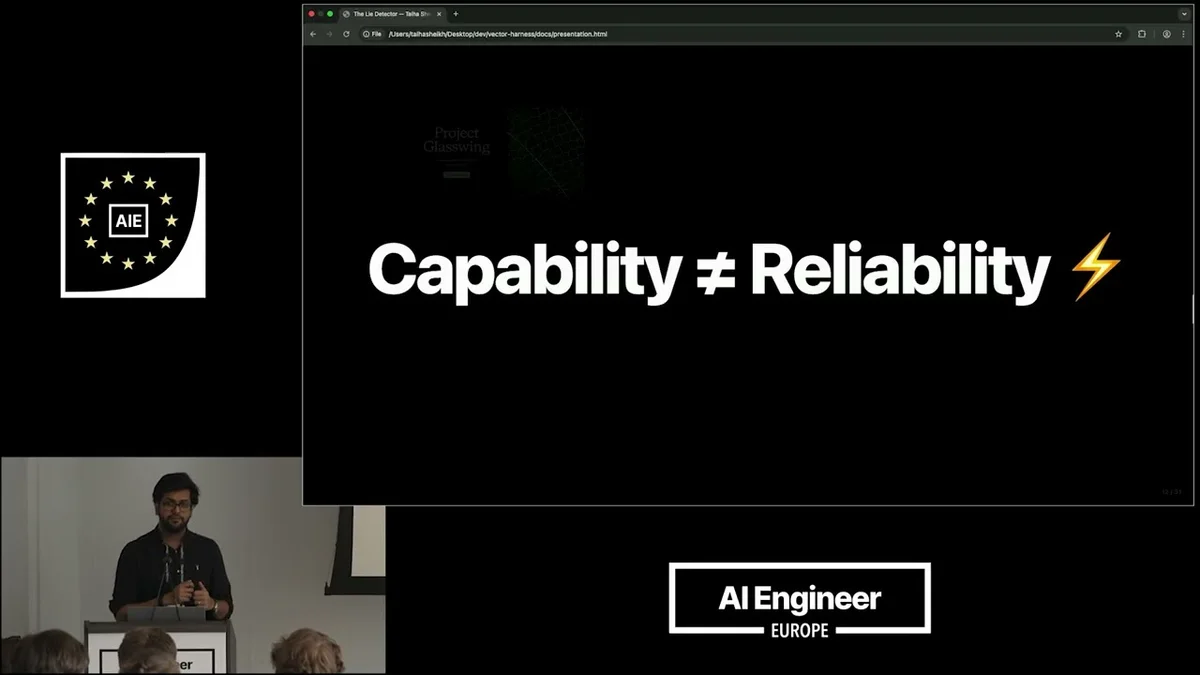 Talha Sheikh presenting on AI agent reliability at AI Engineer Europe.