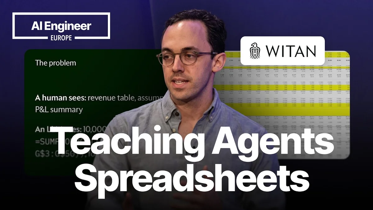 Nuno Campos presenting on AI agents and spreadsheets at AI Engineer Europe.