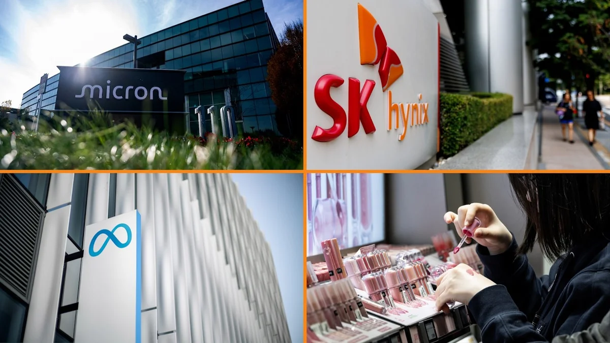 Bloomberg Money Minute graphic with text overlay about Micron, SK Hynix, and Meta AI.