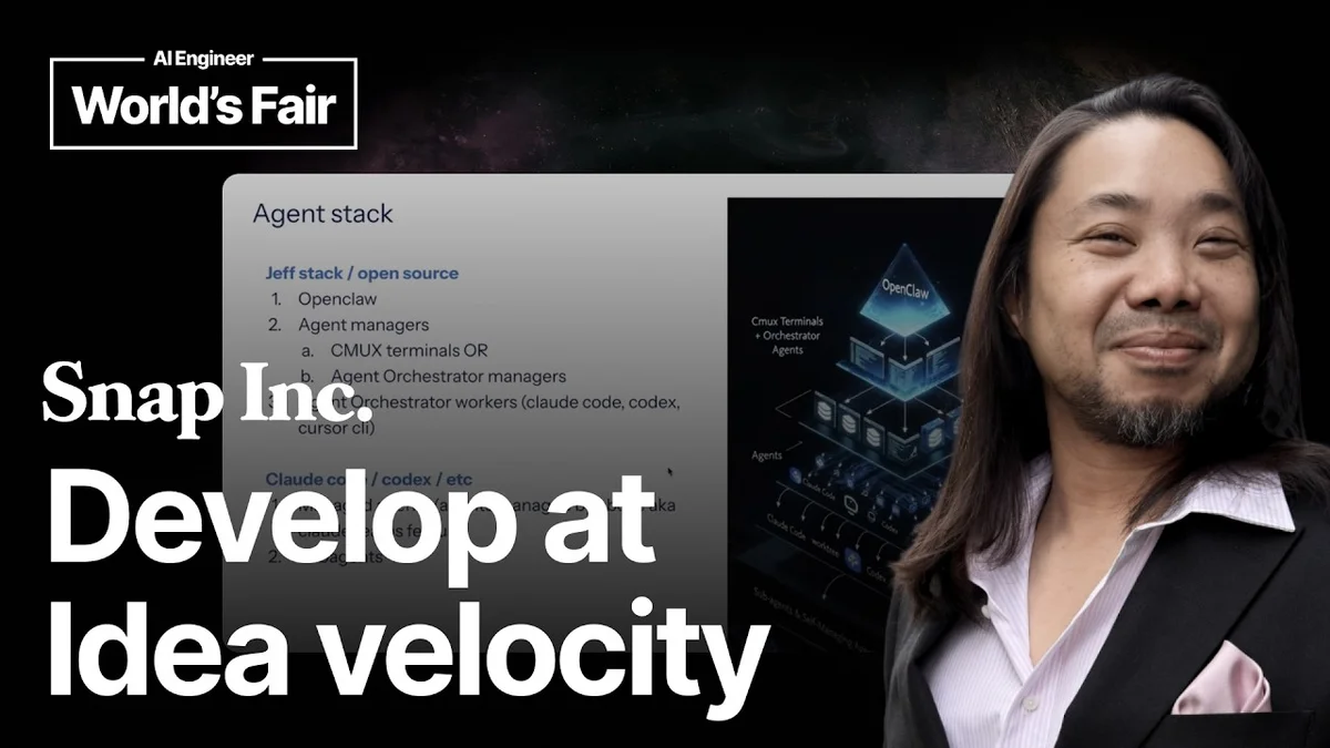 Presentation slide showing the title 'Develop at Idea Velocity' with Jeffrey Lee-Chan from Snapchat.