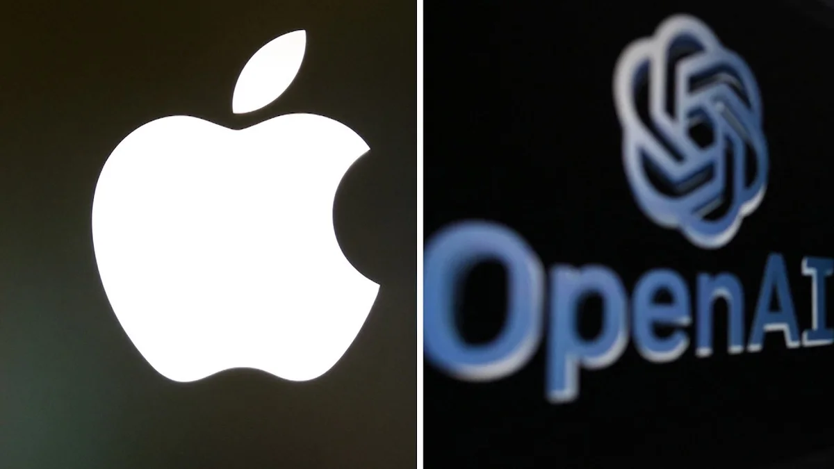 Screenshot from Bloomberg showing the headline 'Apple Sues OpenAI Over AI Talent Fight'