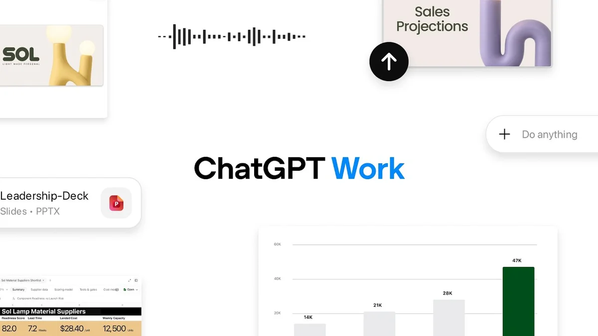 Screenshot of ChatGPT Work interface showing a go-to-market deck being generated with various business applications integrated.