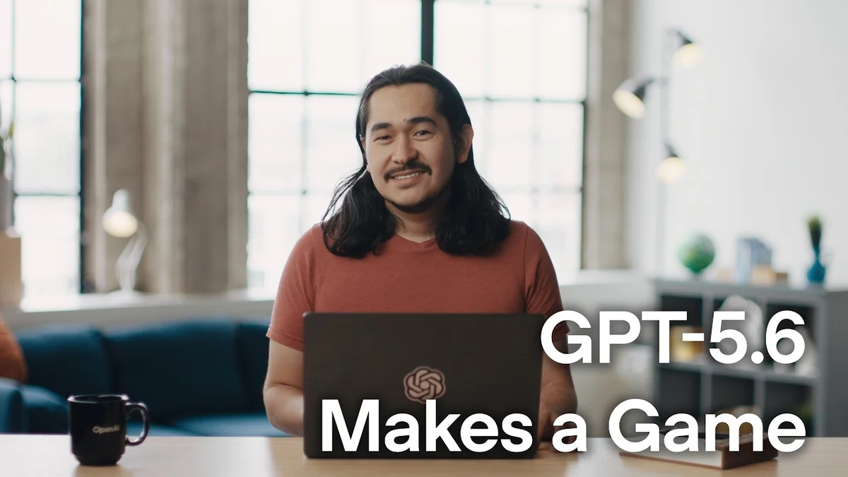 Charlie Guo, Developer Experience Engineer at OpenAI, presenting the new GPT-5.6 model on a laptop with the OpenAI logo.