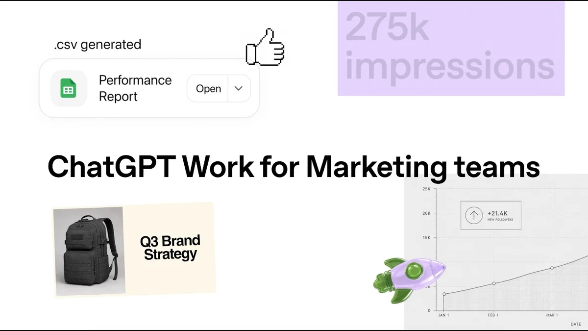 A screenshot of ChatGPT Work interface showing a marketing campaign review deck being generated and updated with data.