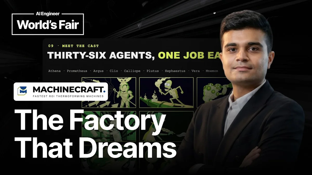 Rushabh Doshi of Machinecraft presenting his 36-agent AI system, Ira, with animated graphics depicting the AI's architecture and functions.