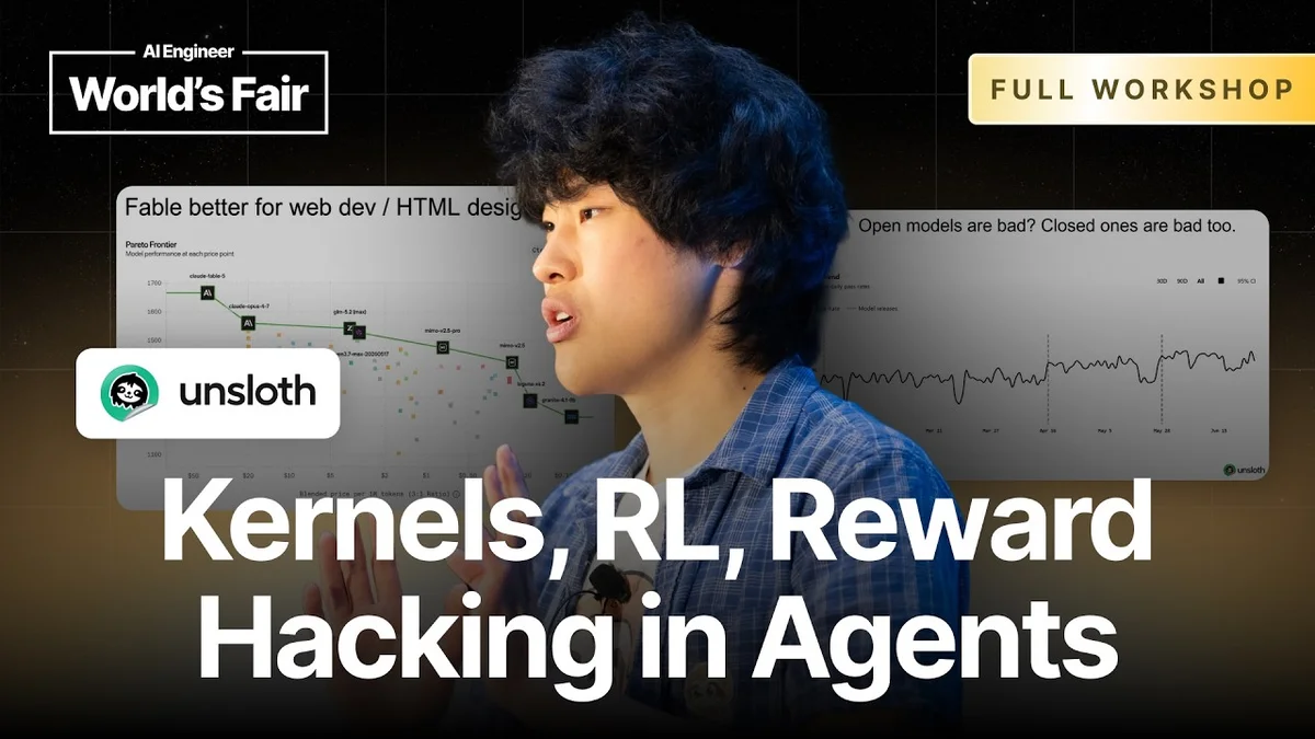 Daniel Han presenting on advanced AI topics including kernels, reinforcement learning, and reward hacking.