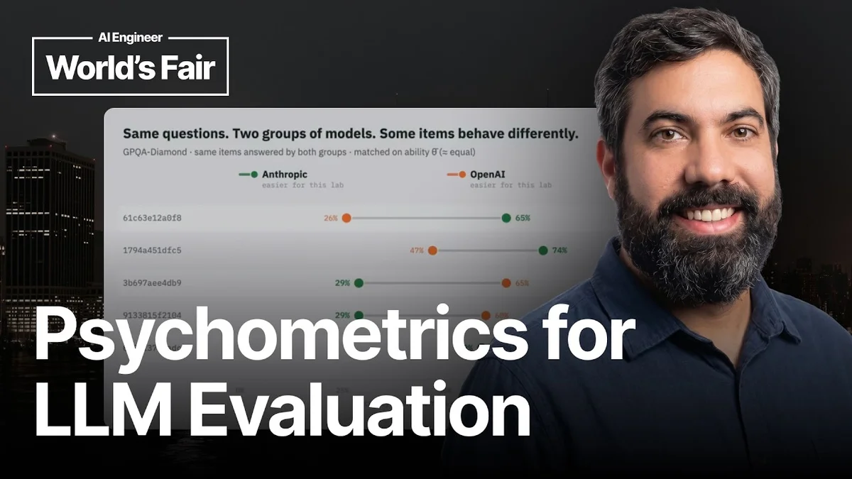Alejandro Vidal discussing psychometrics and LLM evaluation on stage at World's Fair
