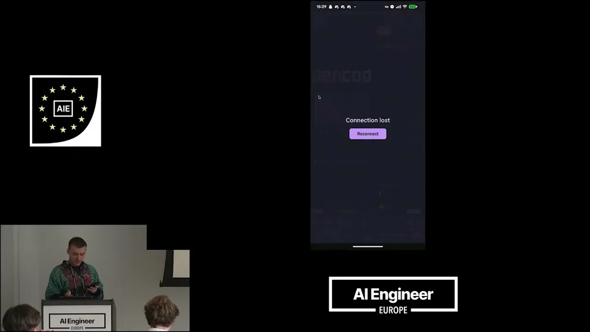 Connor Adams presenting Remoby, a mobile terminal control PWA, at AI Engineer Europe conference