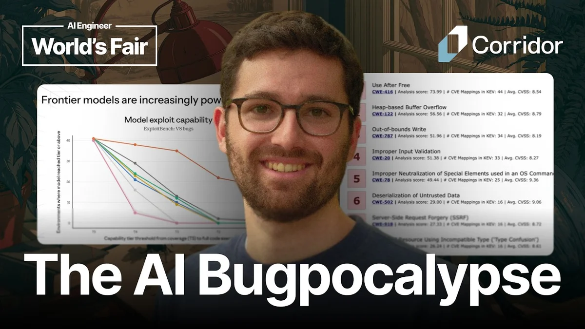 Presentation slide with the title 'The AI bug apocalypse is here. Now what?' and speaker Jack Cable's name.