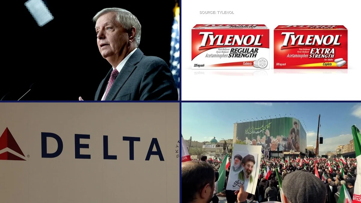 Collage of news images including US and Iran flags, oil barrels, airplanes, Paramount and Warner Bros logos, Apple laptops, Tylenol box, Donald Trump, and Senator Lindsey Graham.