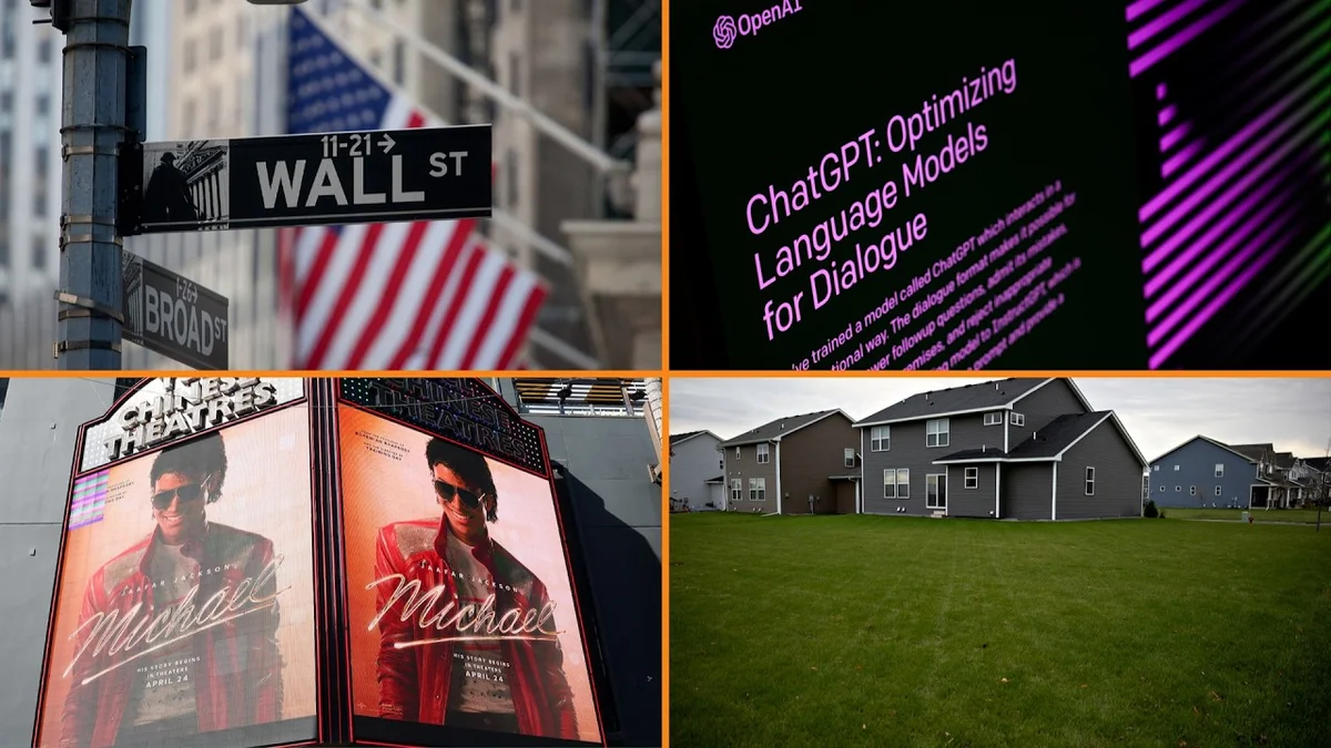 A split screen showing a Wall Street sign, a poster for the Michael Jackson biopic 'Michael,' and a manicured suburban lawn.