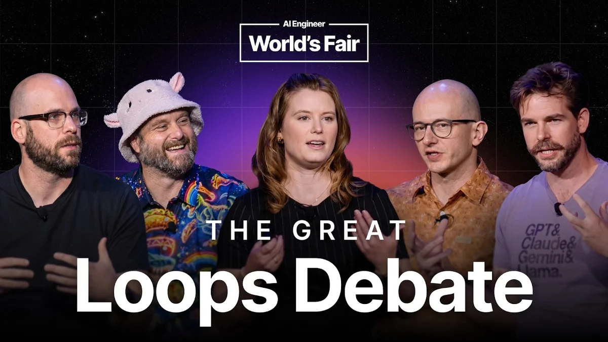 Four speakers engaged in a debate about AI loops, with graphics indicating 'Team No Delta' and 'Team Delta'.