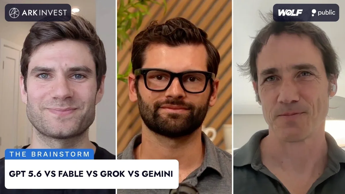 Four panelists appear on screen in a grid format for ARK Invest's 'The Brainstorm' discussion on AI models.