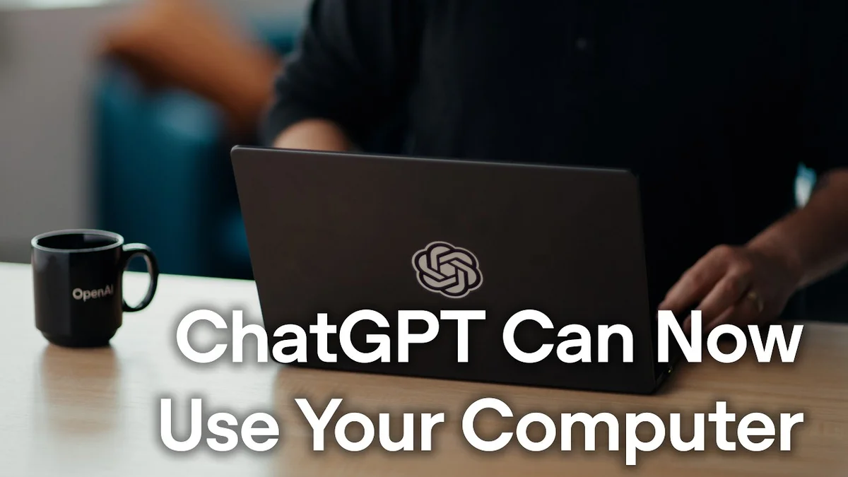 Man sitting at a desk with a laptop, with text overlays indicating 'Browser and Computer Use with the new ChatGPT app'.