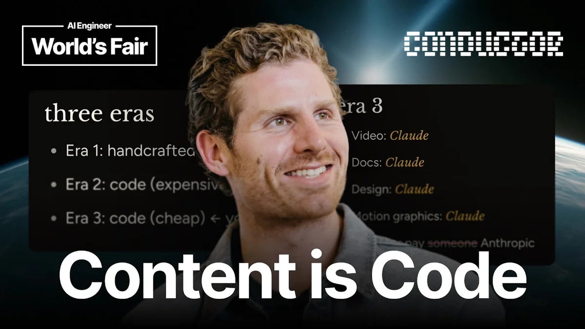 Matt Palmer speaking on stage with the title 'content is code' displayed.