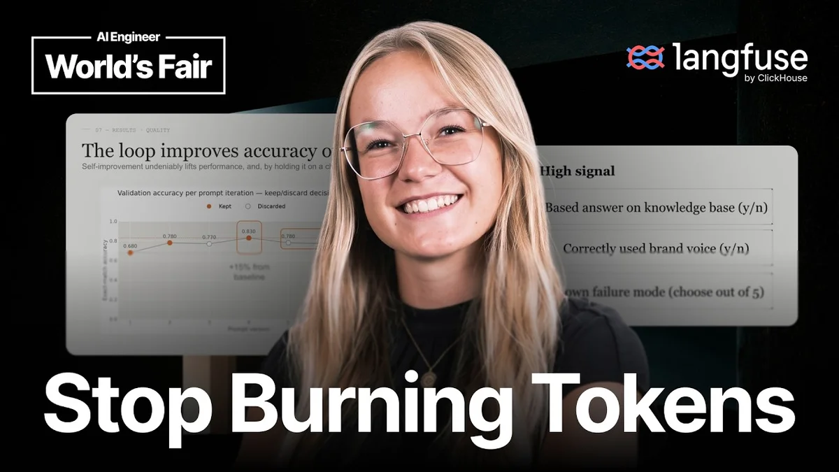 Presentation slide showing 'Stop burning tokens: Self-improvement needs domain expertise first' with Langfuse logo.