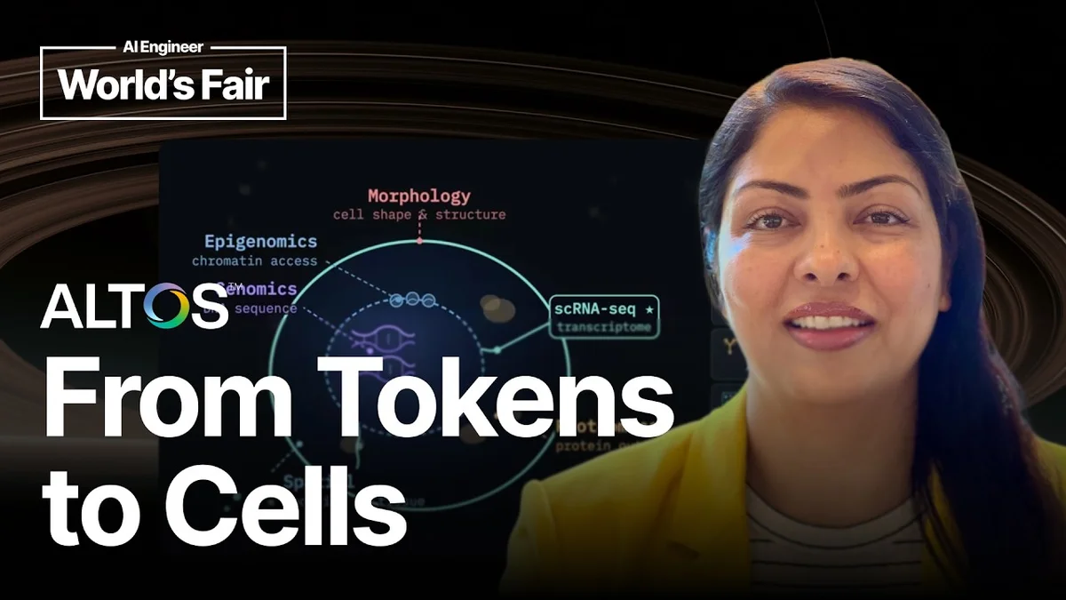 Presentation slide showing 'From Tokens to Cells' title with speaker Akram Baharlouei and Altos Labs logo.