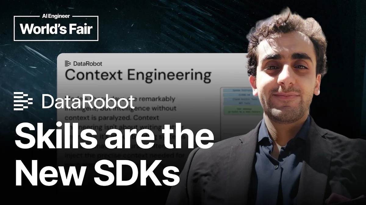 Presentation slide titled 'Skills Are the New SDKs' with DataRobot logo and speaker Elvin Aghammadzada.