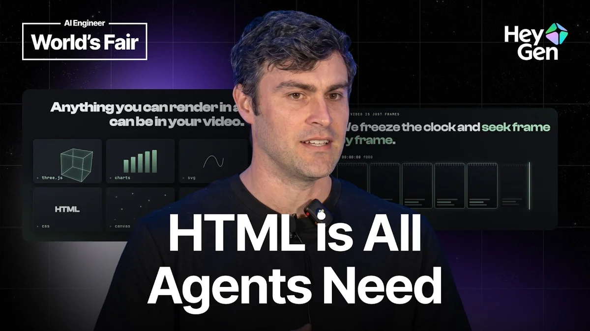 James Russo presenting on stage about AI video agents and HTML