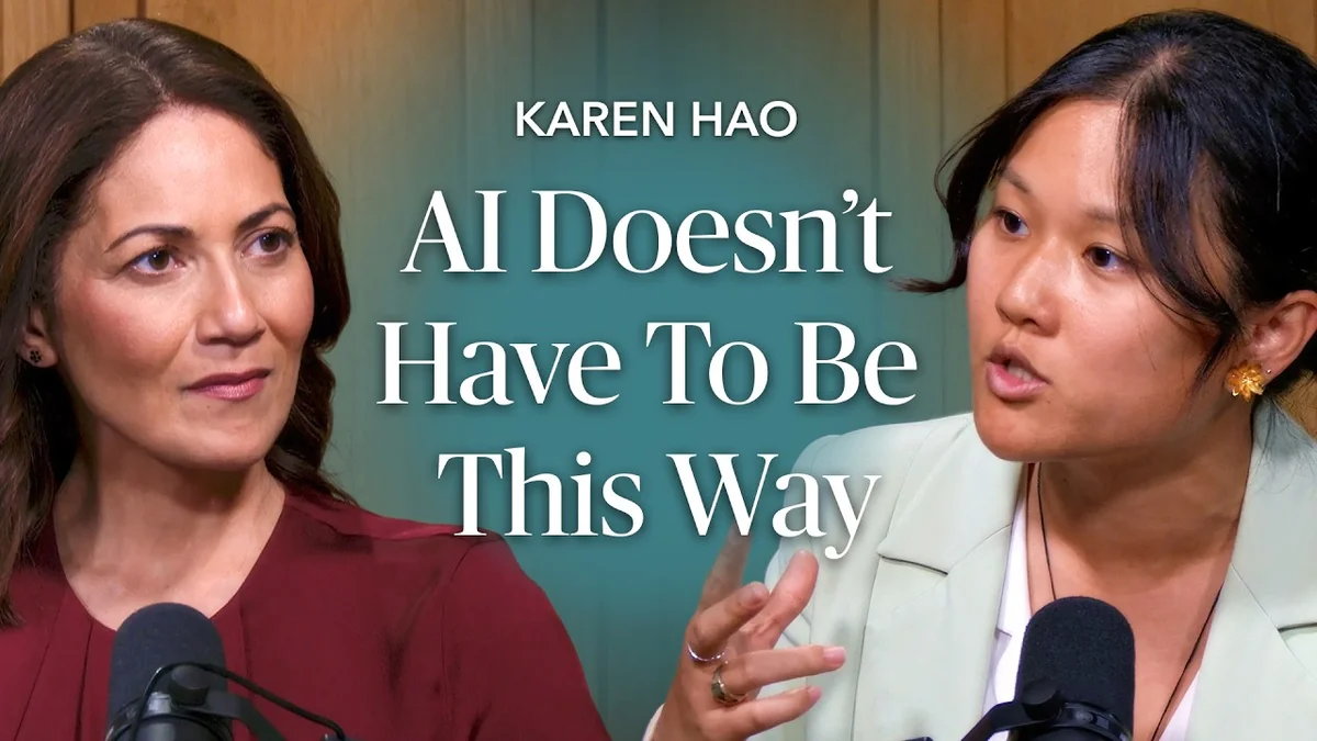 Karen Hao speaking at a microphone, with 'The Mishal Husain Show' branding.