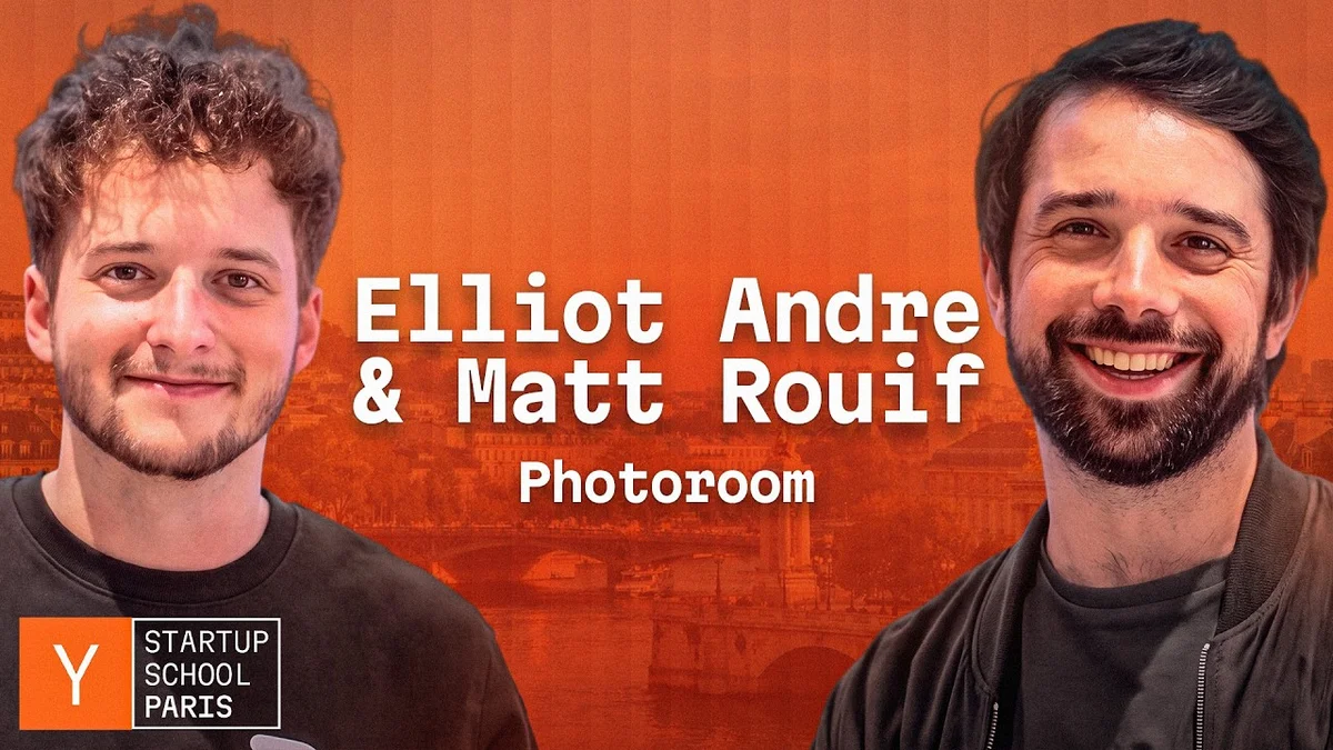 PhotoRoom founders Eliot Andres and Matthieu Rouif speaking on stage at Startup School Paris.