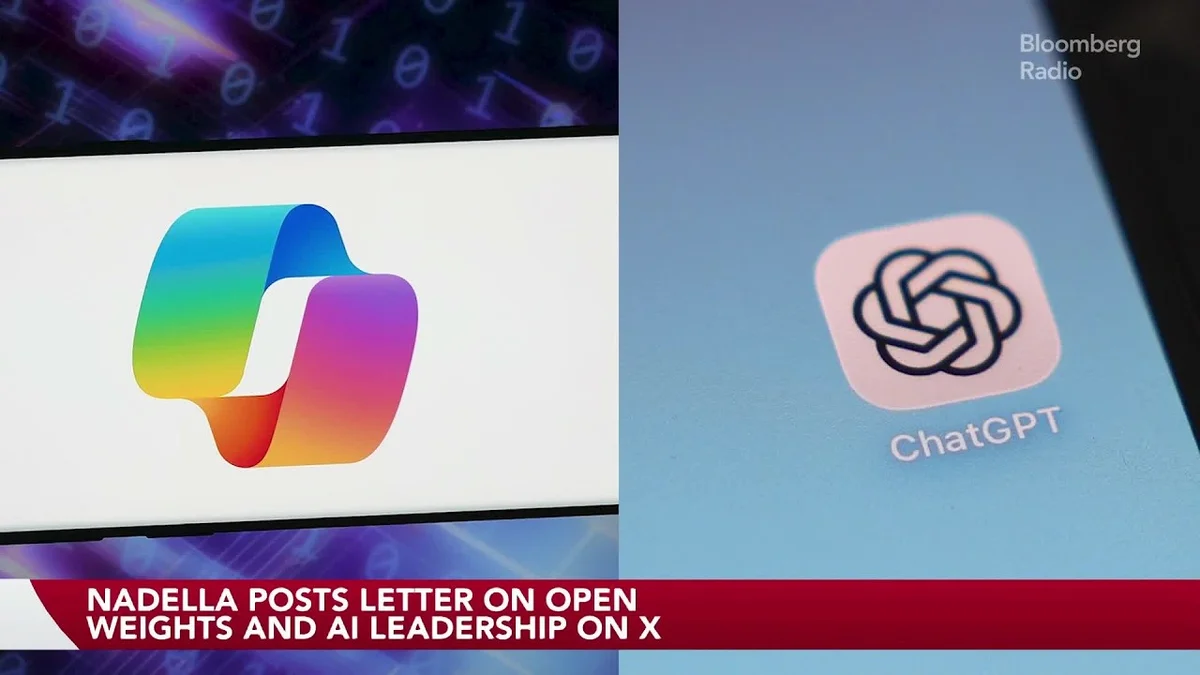 Three-way split screen showing a Bloomberg Radio host, an AI conference presentation, and a close-up of AI logos.