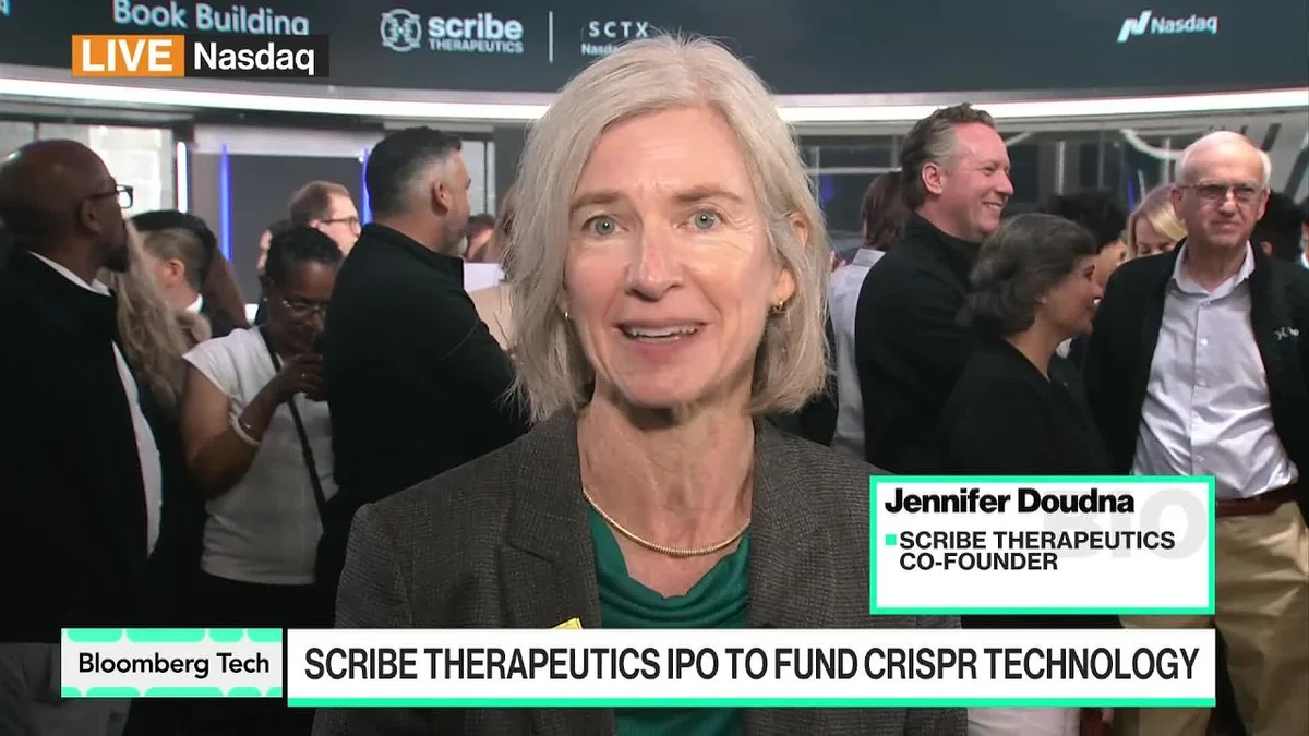 Jennifer Doudna speaking on a Bloomberg Tech segment.