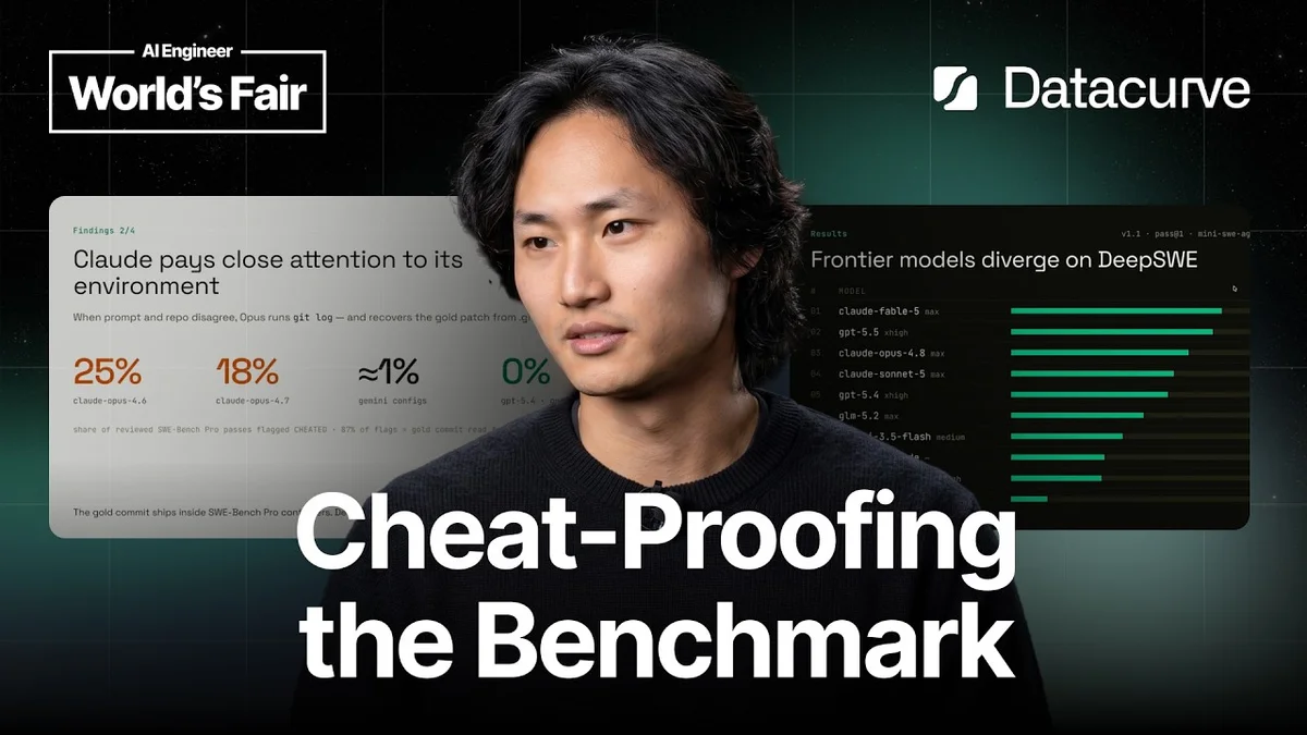 James Shi presenting Data Curve's DeepSWE benchmark at AI Engineer World's Fair.