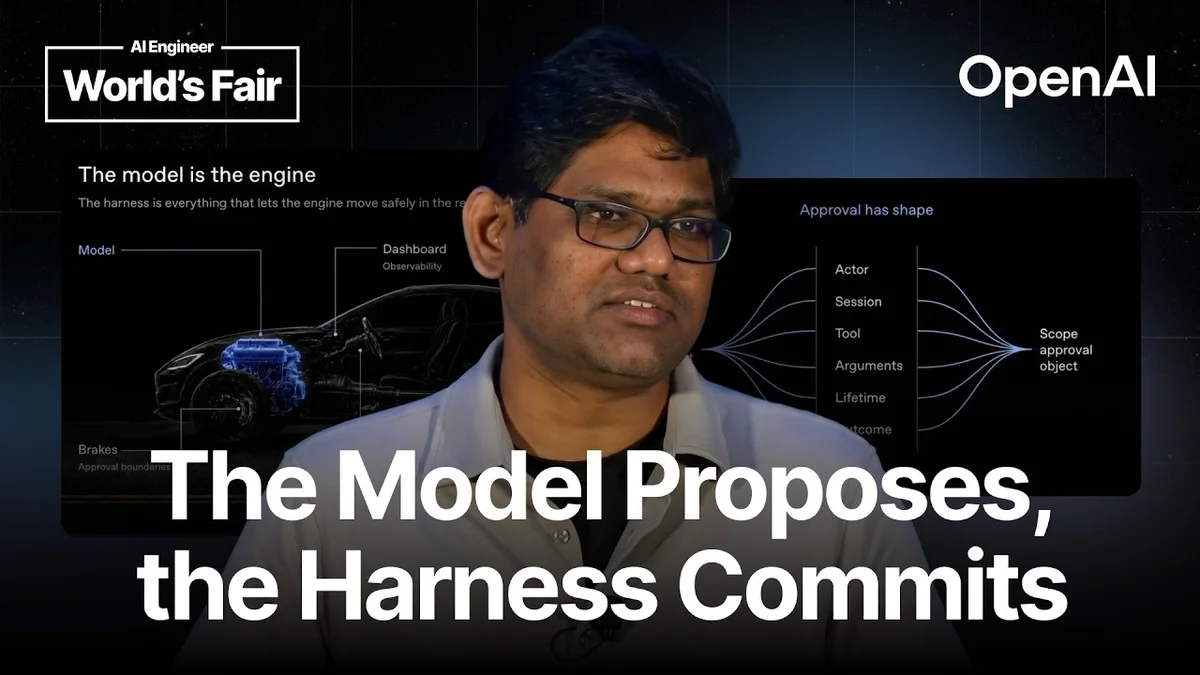 Vinoth Govindarajan from OpenAI speaking about AI agent harness design at a conference.