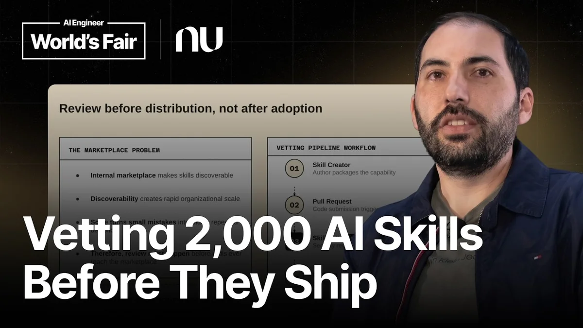 Lucas Palma speaking at a conference about AI skills at Nubank