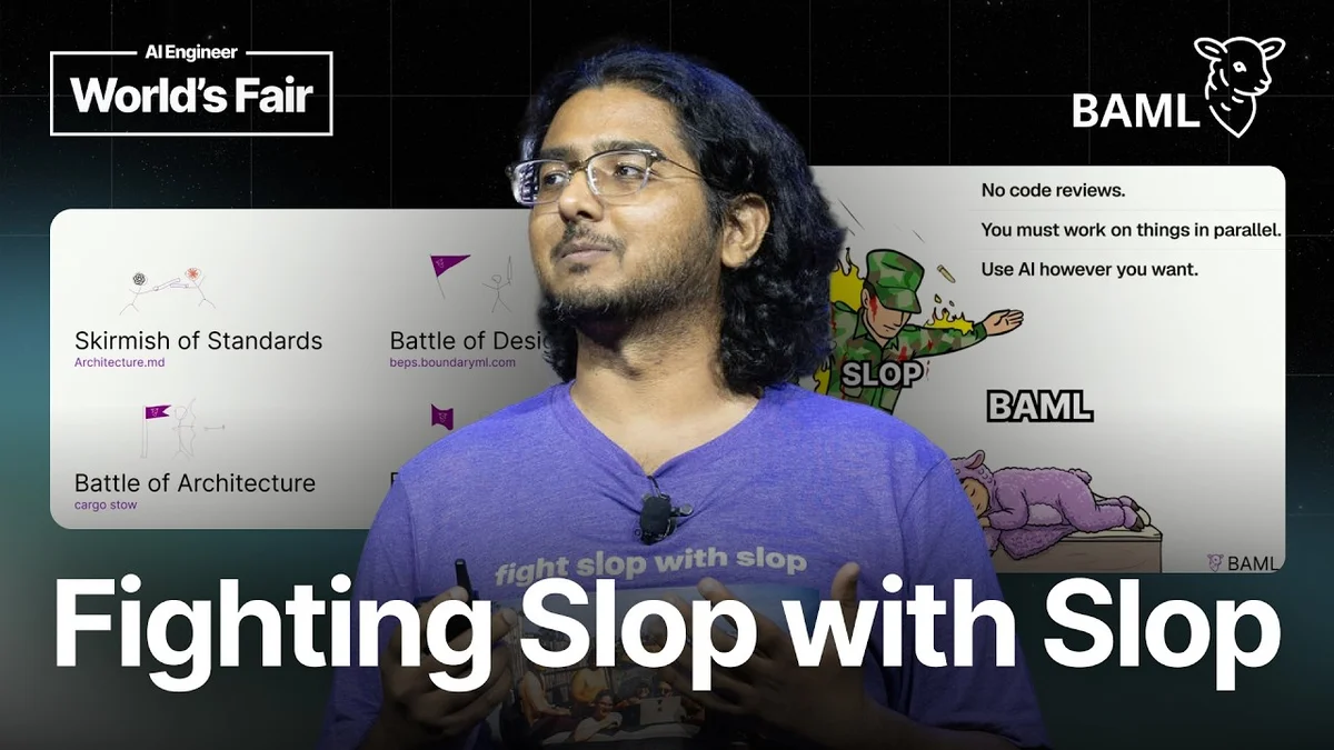 Vaibhav Gupta presenting on stage with a slide titled 'Fight slop with slop'