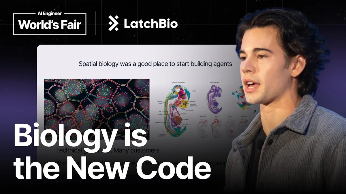 Kenny Workman presenting LatchBio AI benchmarks for biology at AI Engineer World's Fair