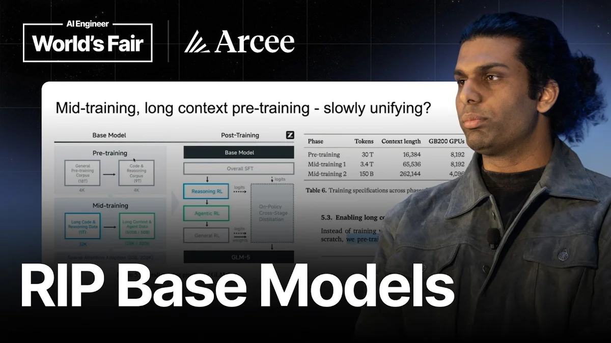 Varun Singh presenting on stage at AI Engineer World's Fair about base model pre-training data recipes