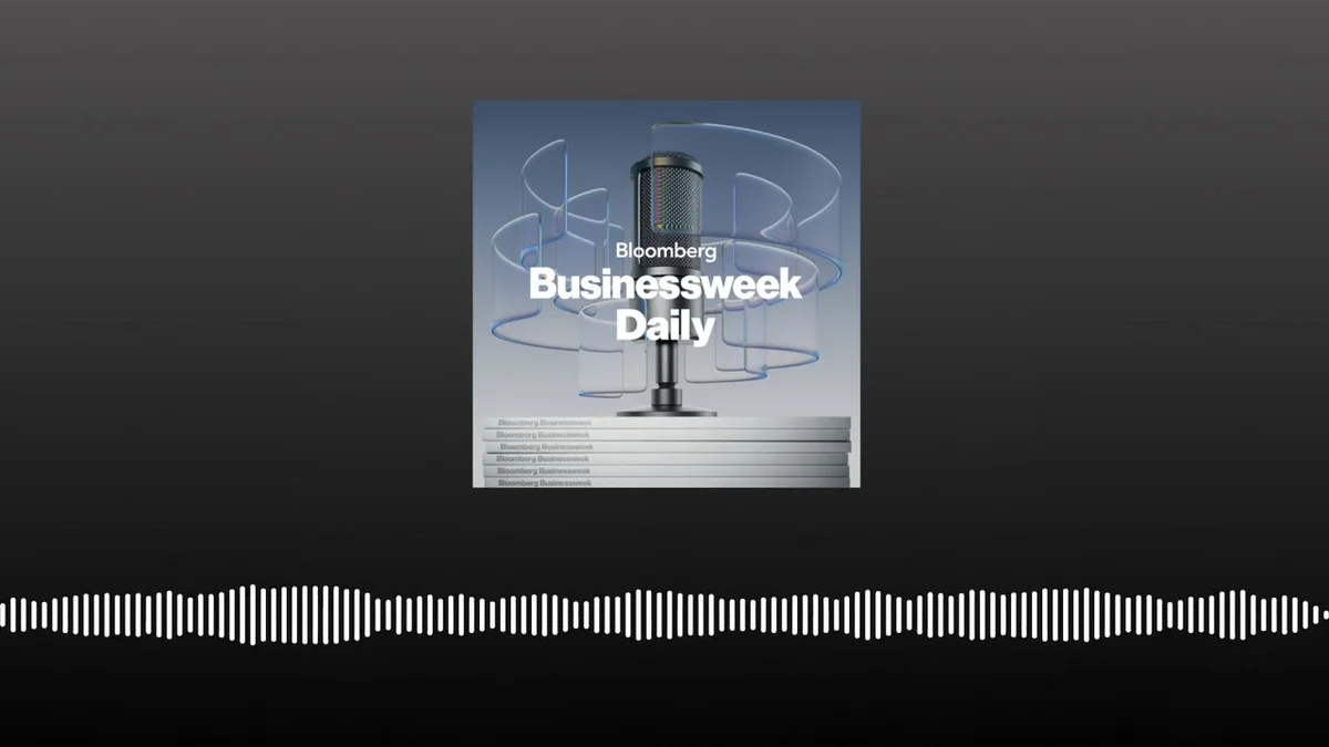 Microphone on a stand with abstract blue lines swirling around it, representing sound waves or data flow.