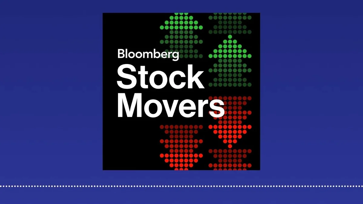Bloomberg Stock Movers podcast logo with up and down arrows.