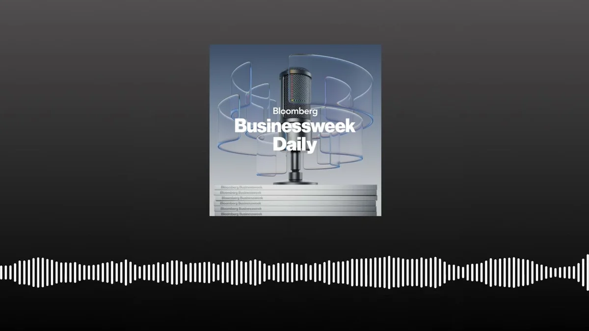Bloomberg Businessweek Daily podcast cover art with a microphone and abstract blue circles.