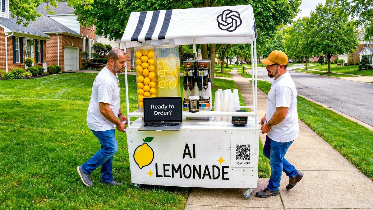 Two AI-powered lemonade stands, one run by ChatGPT and the other by Claude, set up on a suburban street.