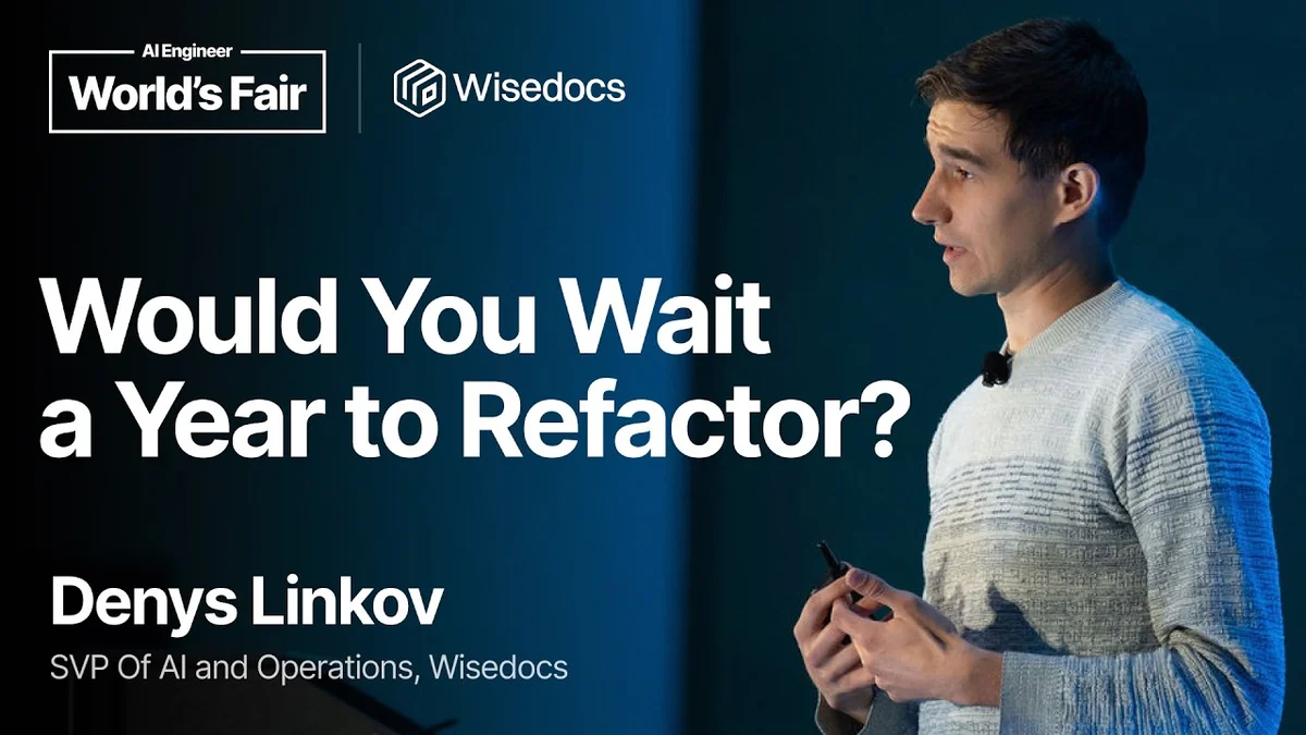Denys Linkov presenting on a stage about AI coding agents and refactoring.