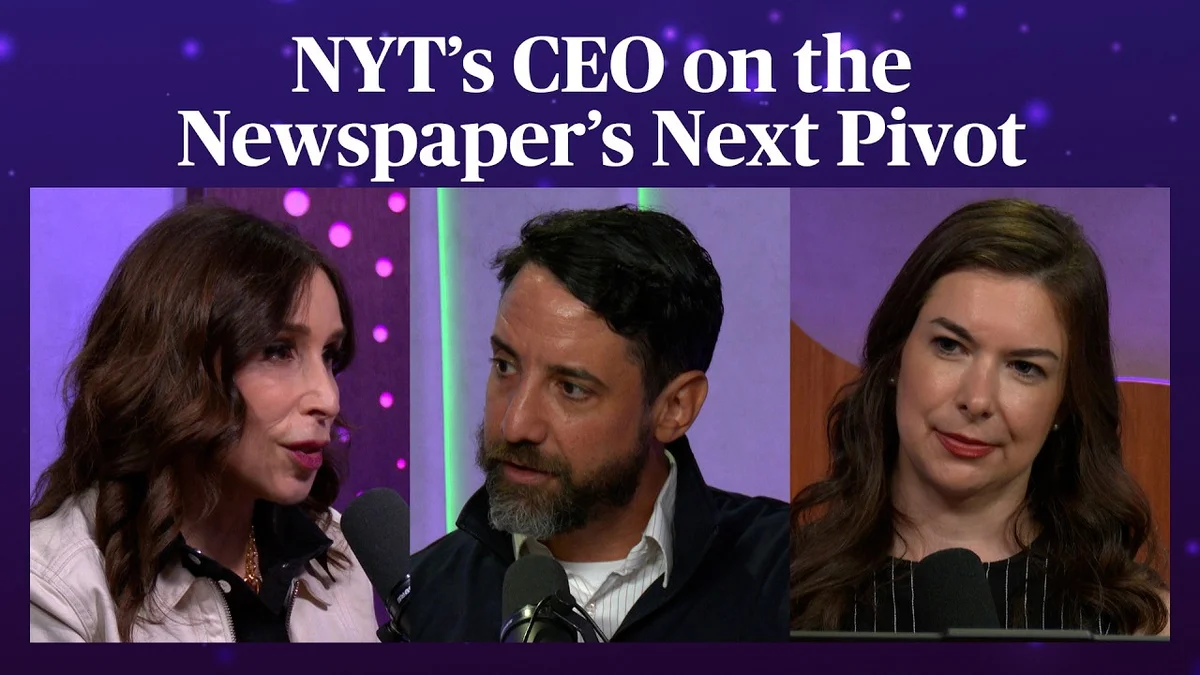 Meredith Kopit Levien speaking into a microphone on a podcast set