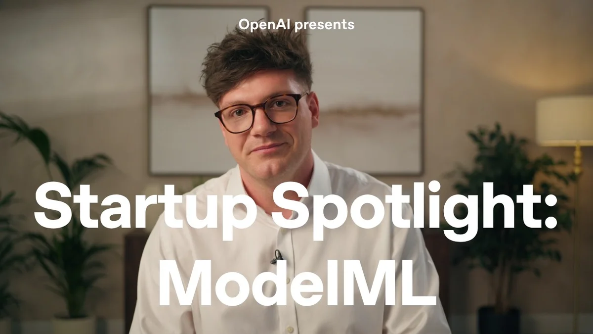 Man wearing glasses and a white shirt speaking, with the title 'Startup Spotlight: Model ML' overlaid.