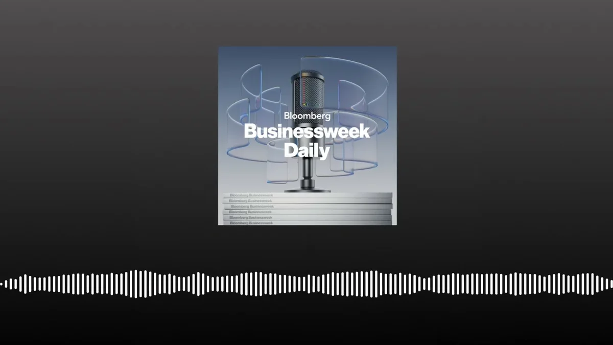 Bloomberg Businessweek Daily podcast cover art with a microphone and abstract circular design