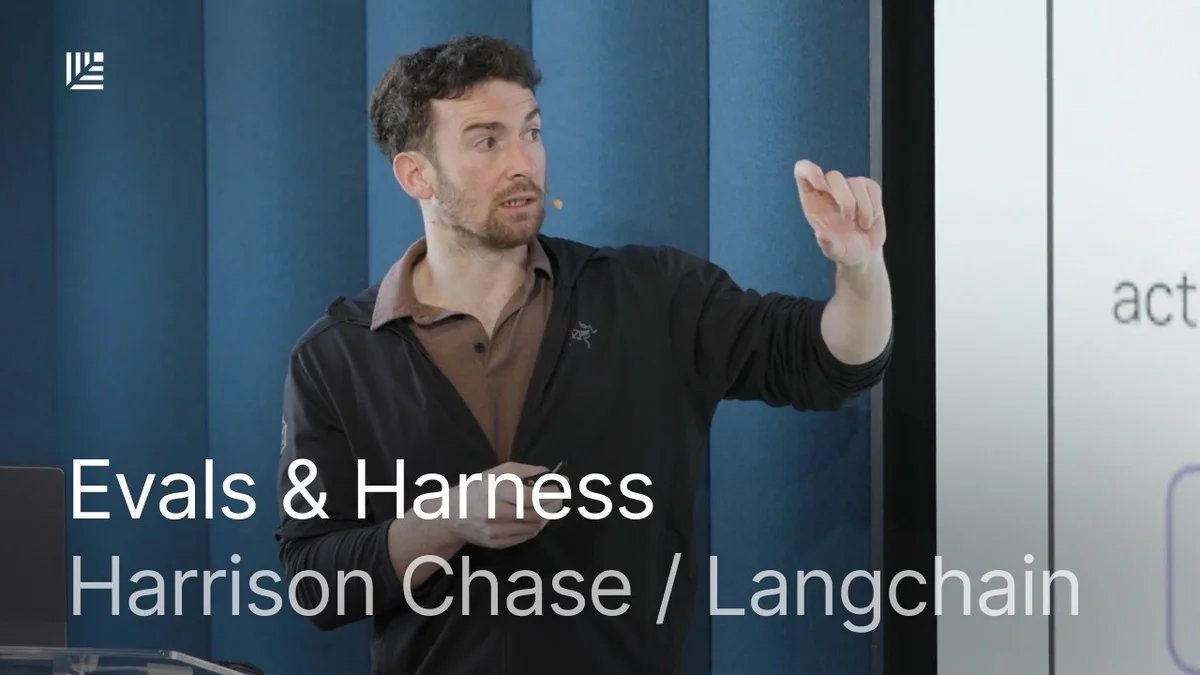 Harrison Chase, CEO of LangChain, presenting on Evals & Harness at a Sovereign AI event.