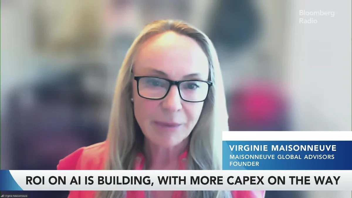 Virginie Maisonneuve speaking on a video call, with a Bloomberg Radio graphic.