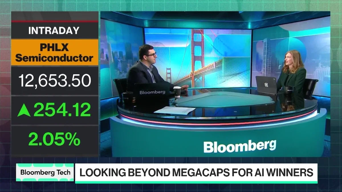 Bloomberg Tech screen showing the S&P 500 index chart and the title 'Looking Beyond Megacaps for AI Winners'